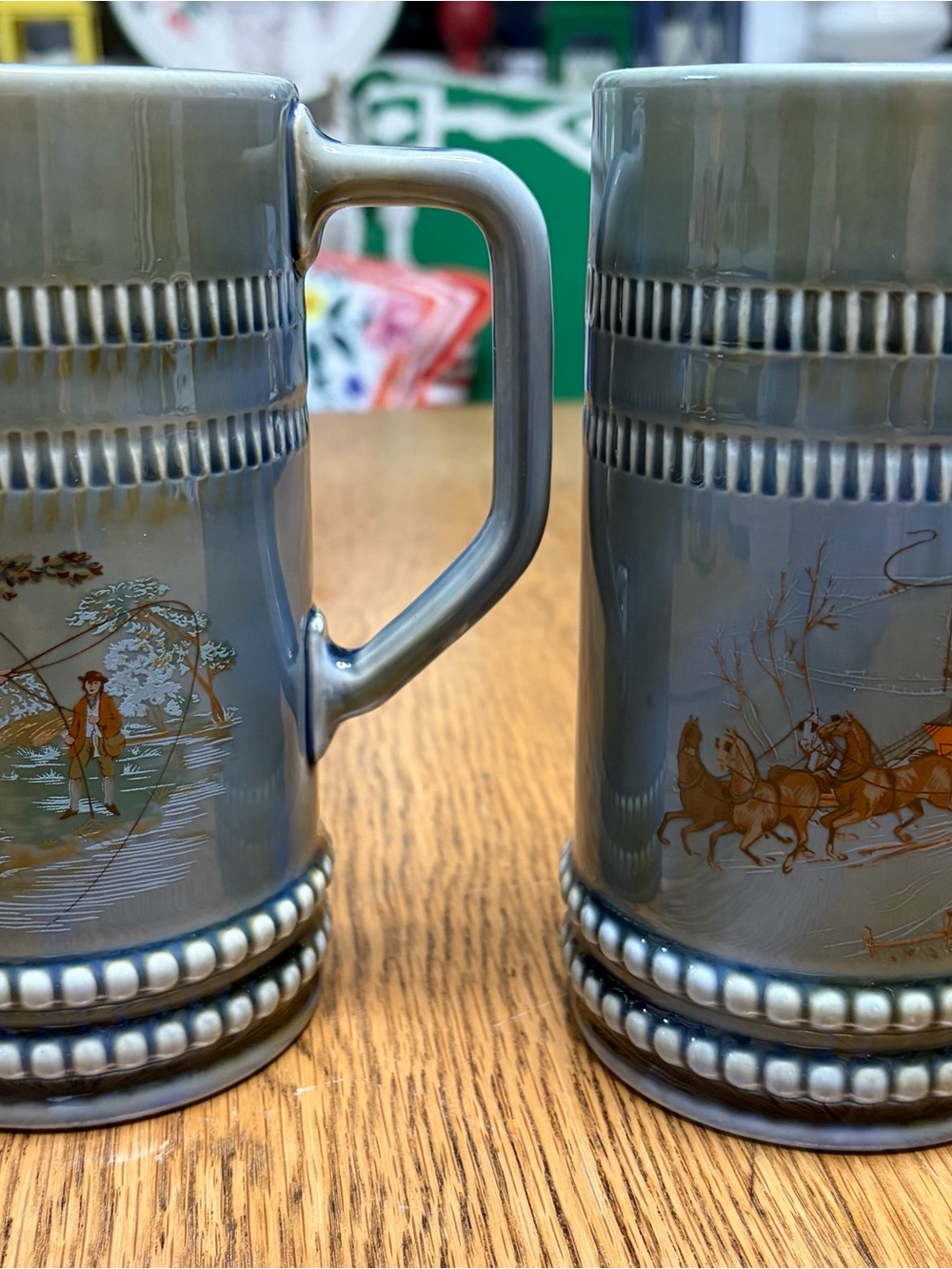 Source Unknown Gray Ceramic Stein Pair with Country Scene
